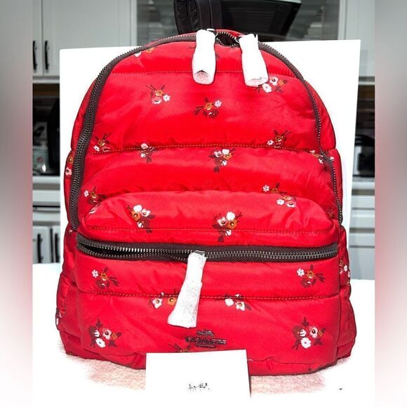 🔥🍀New! Coach Large Floral Quilted Satin Backpack Msrp:$325 Limited Edition - Picture 1 of 9